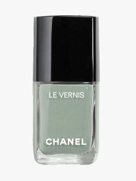 Chanel Le Vernis Longwear Nail Colour in Cavalier Seul bottle of light green nail polish with black cap on light gray background
